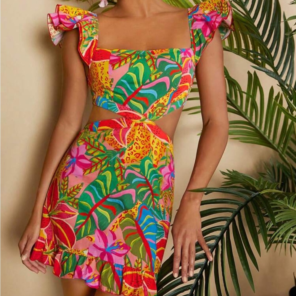 Tropical Print Cutout Dress